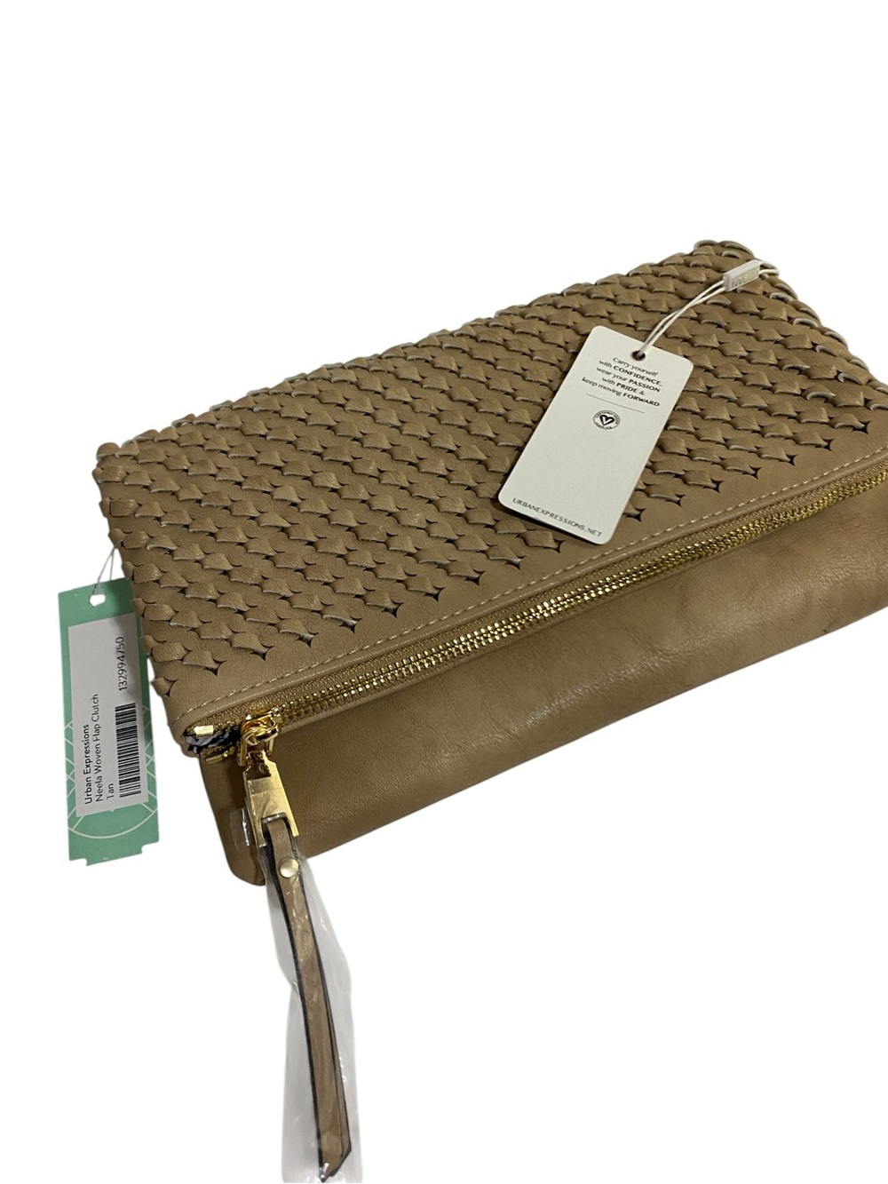 Urban Expressions Taupe Woven Wristlet Clutch with Gold Hardware